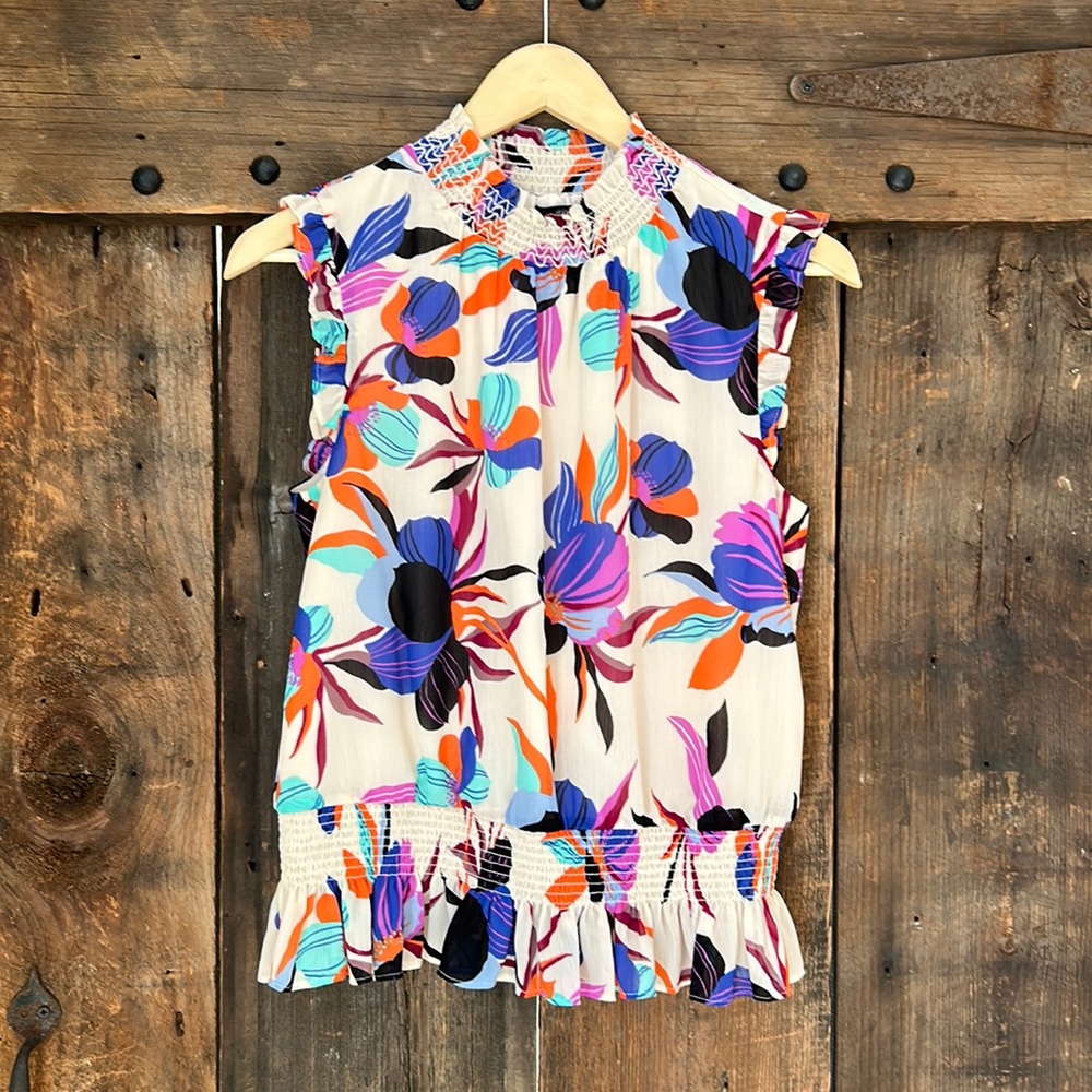JCREW Mock neck smocked floral sleeveless blouse. Size 4.